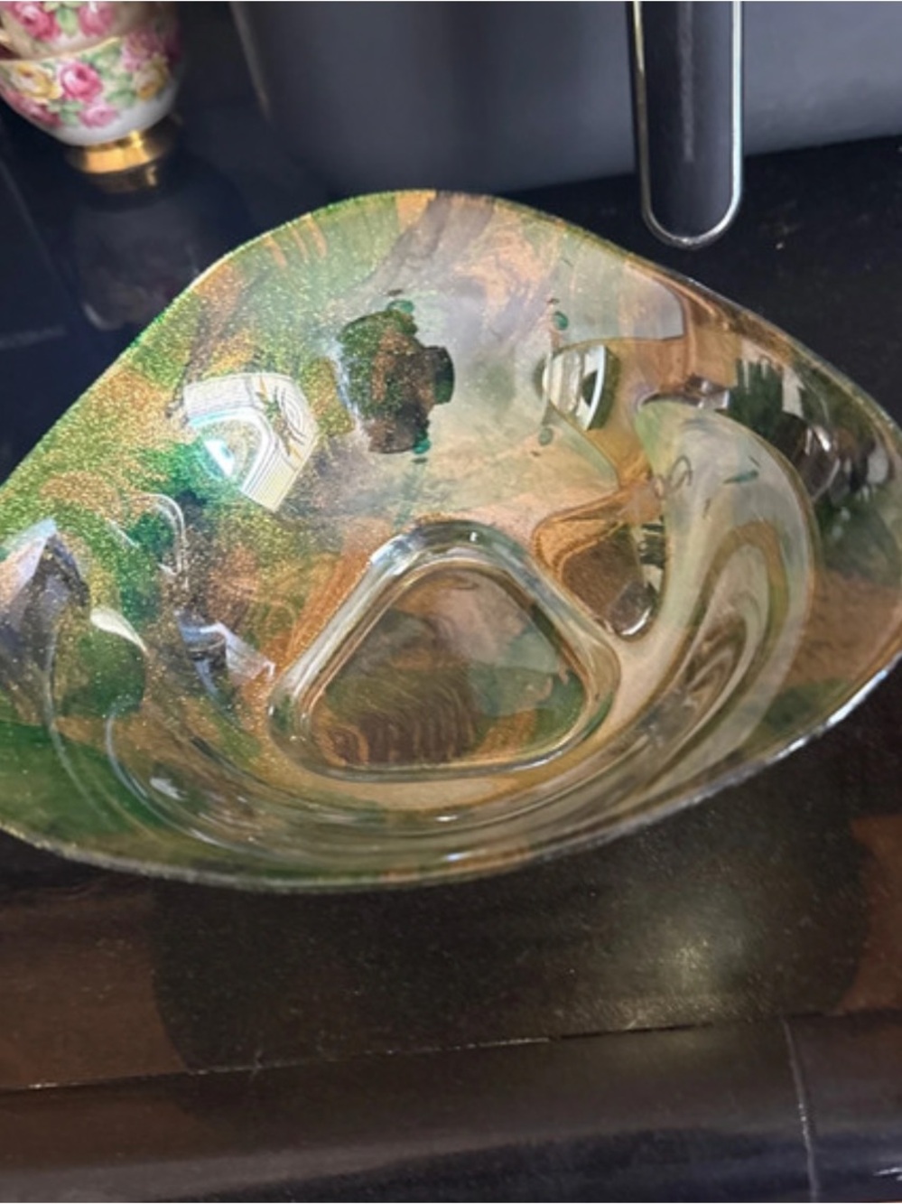 Murano Green and Gold Iridescent Art Glass Bowl